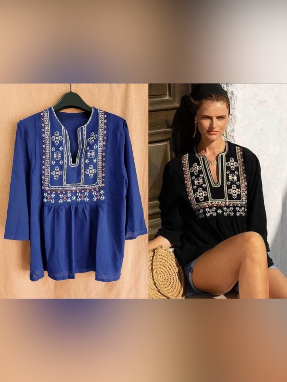 Blue Embroidered 3/4 Sleeve Peasant Tunic Blouse